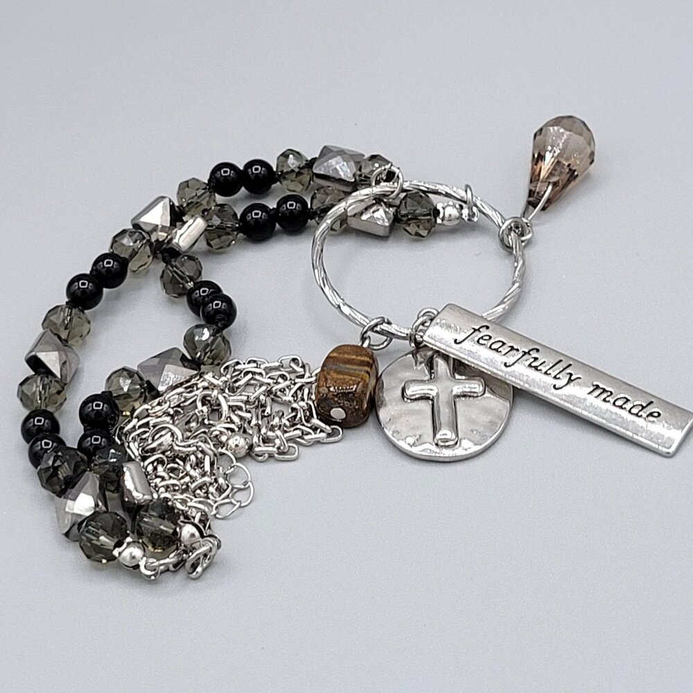 Silver Tone & Black Beaded Necklace With Cross & Fearfully Made Pendants 24"